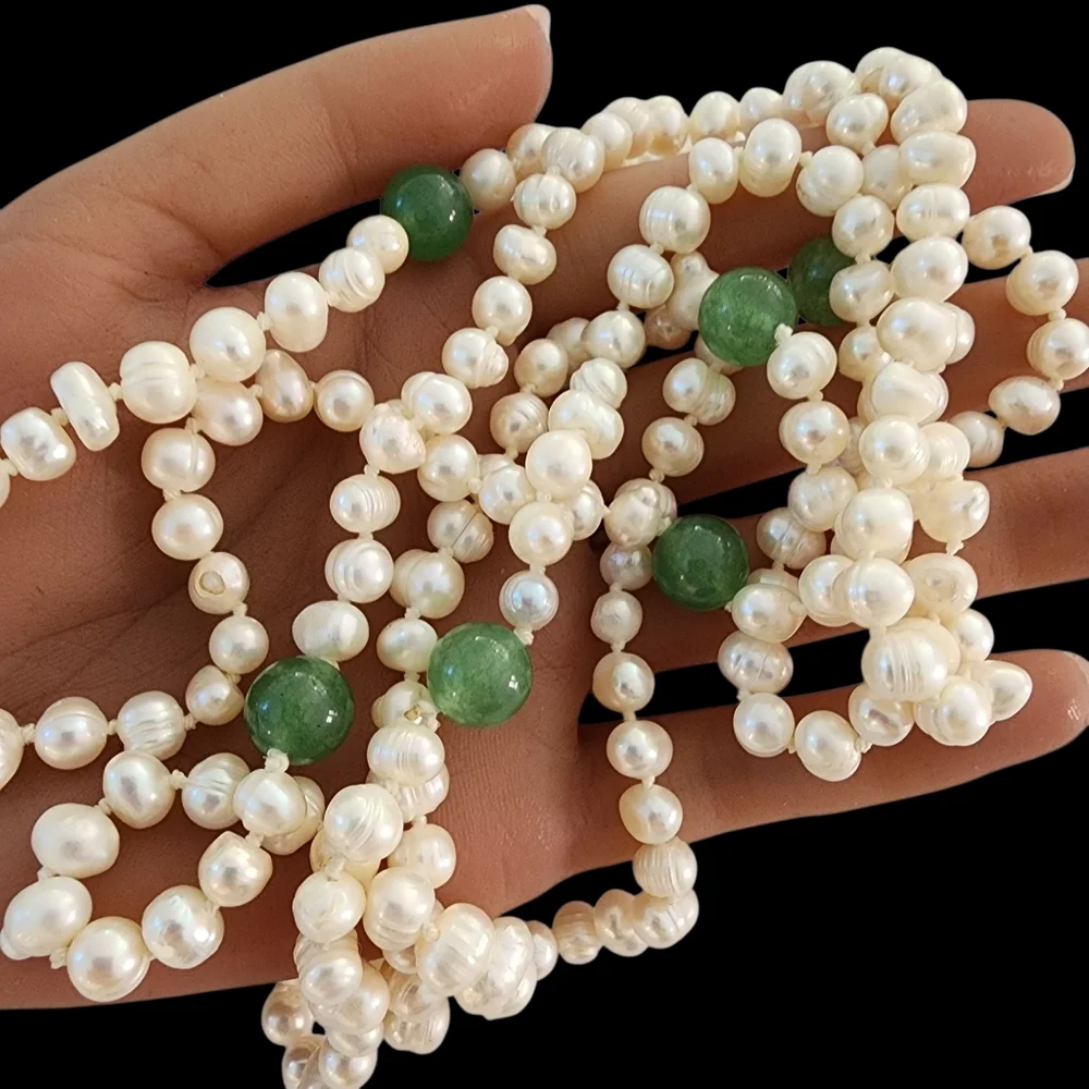 Extra long pearl necklace with green apple quartz hand knotted pearls L511 -Q5